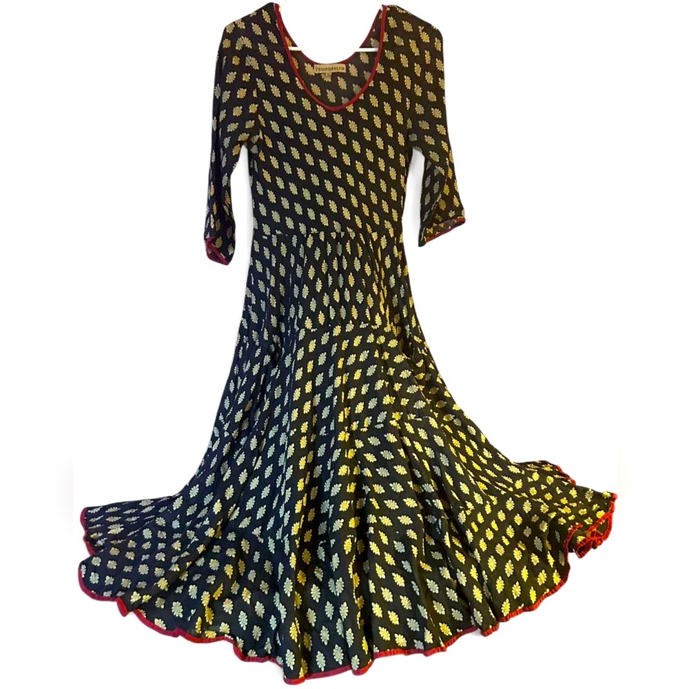 Vintage Black Gold & Red Floral Print Indian Maxi Dress With Circle Skirt